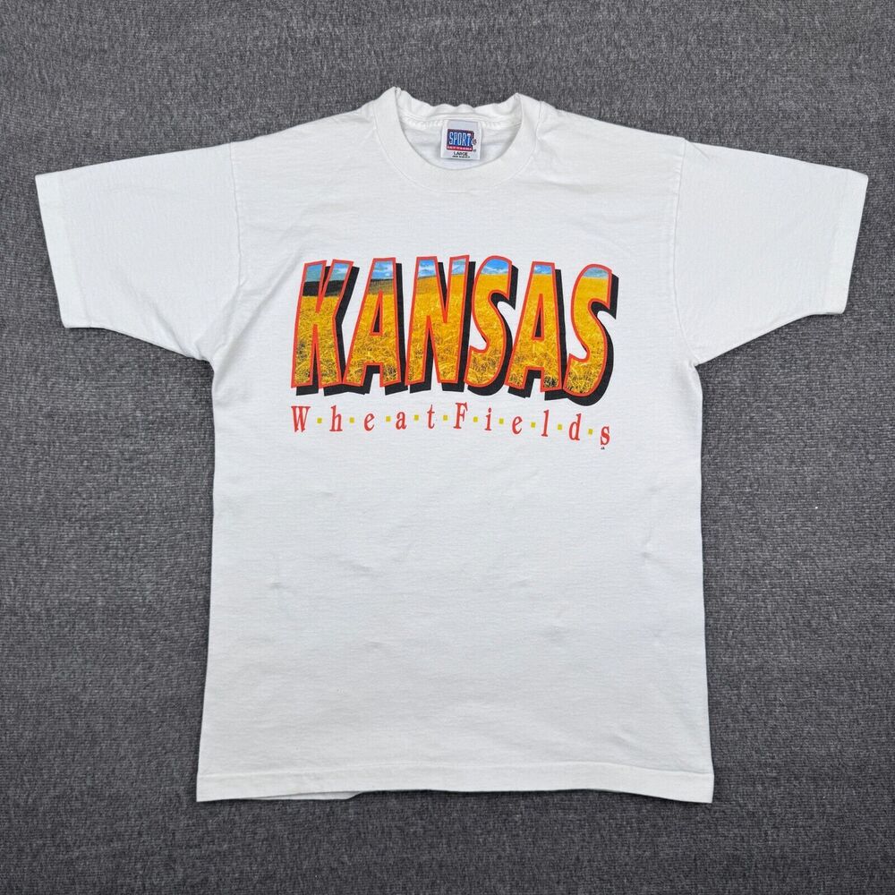 Vintage Kansas Wheatlands T-Shirt‎ Men's Large White Tourist Plains Farmer 90s